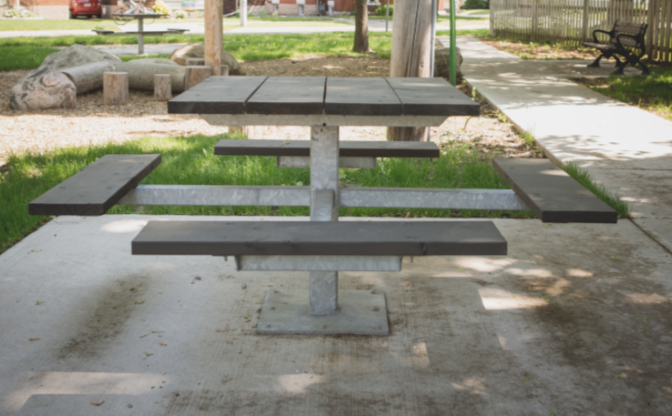 square picnic bench with 4 sides and seating