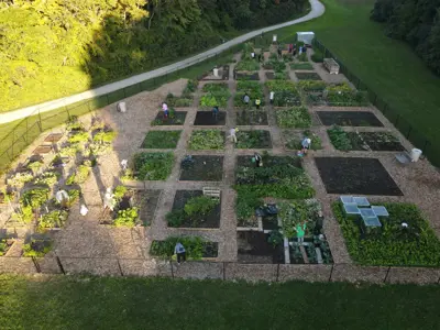 drone shot of a community garden