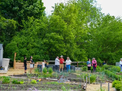 group of people standing in various area of the community garden