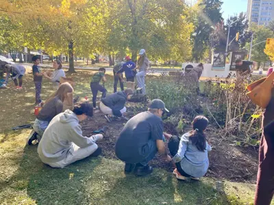 Group of people working on small garden